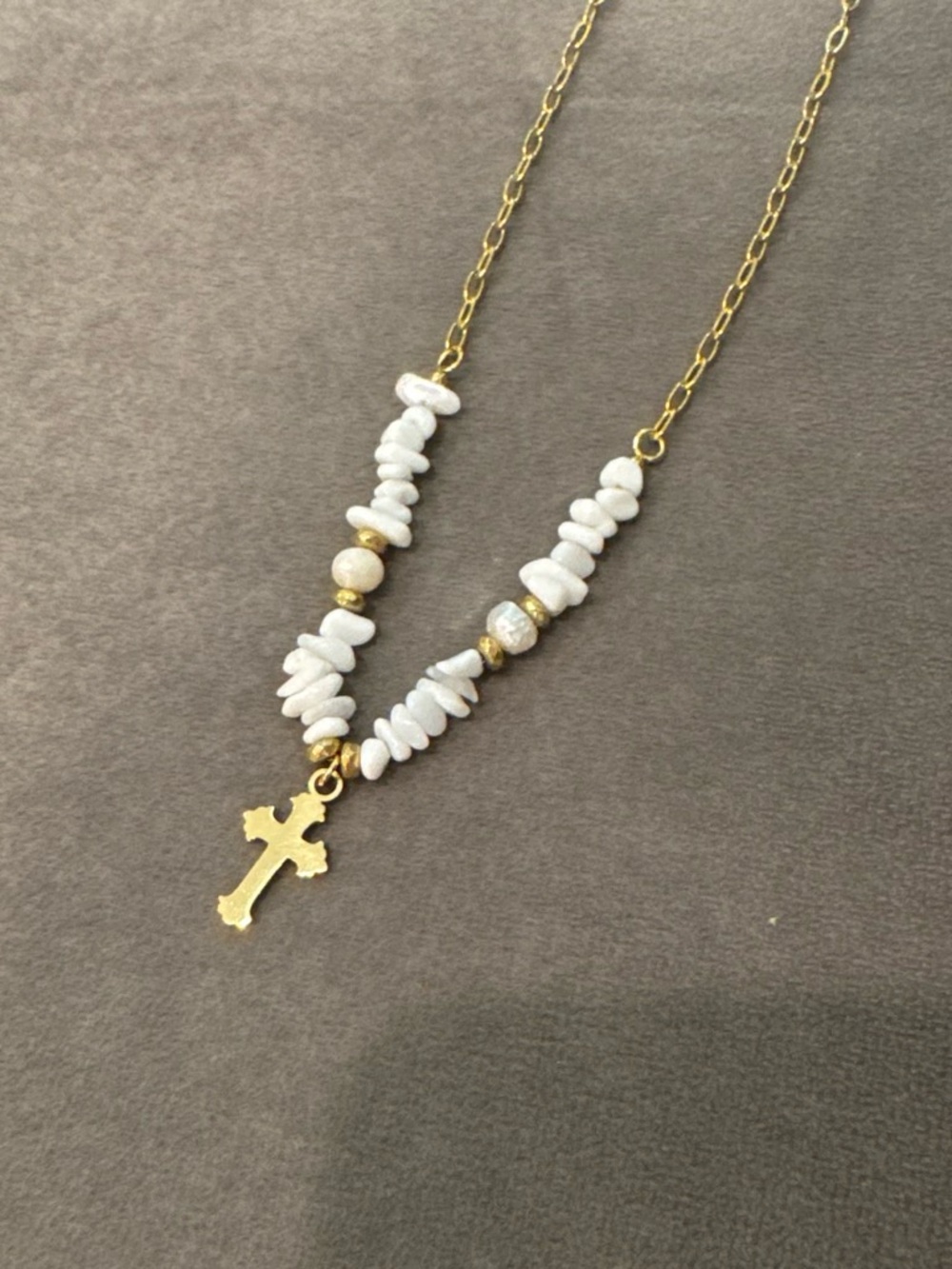 Gold Cross White Beaded Necklace